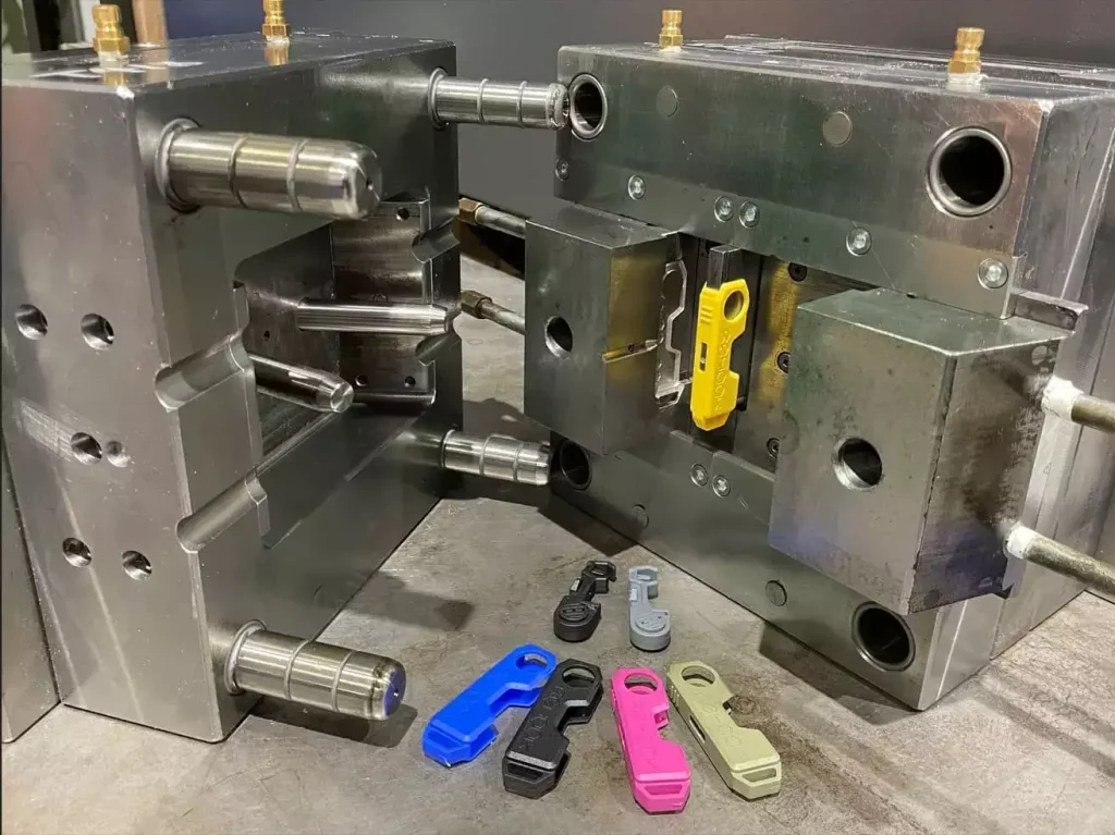 Displaying injection molds with HIPS plastic parts in various colors